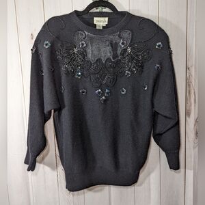 Eugenia by Angenie Lambswool Angora Beaded Sequined Black Sweater Medium Vintage
